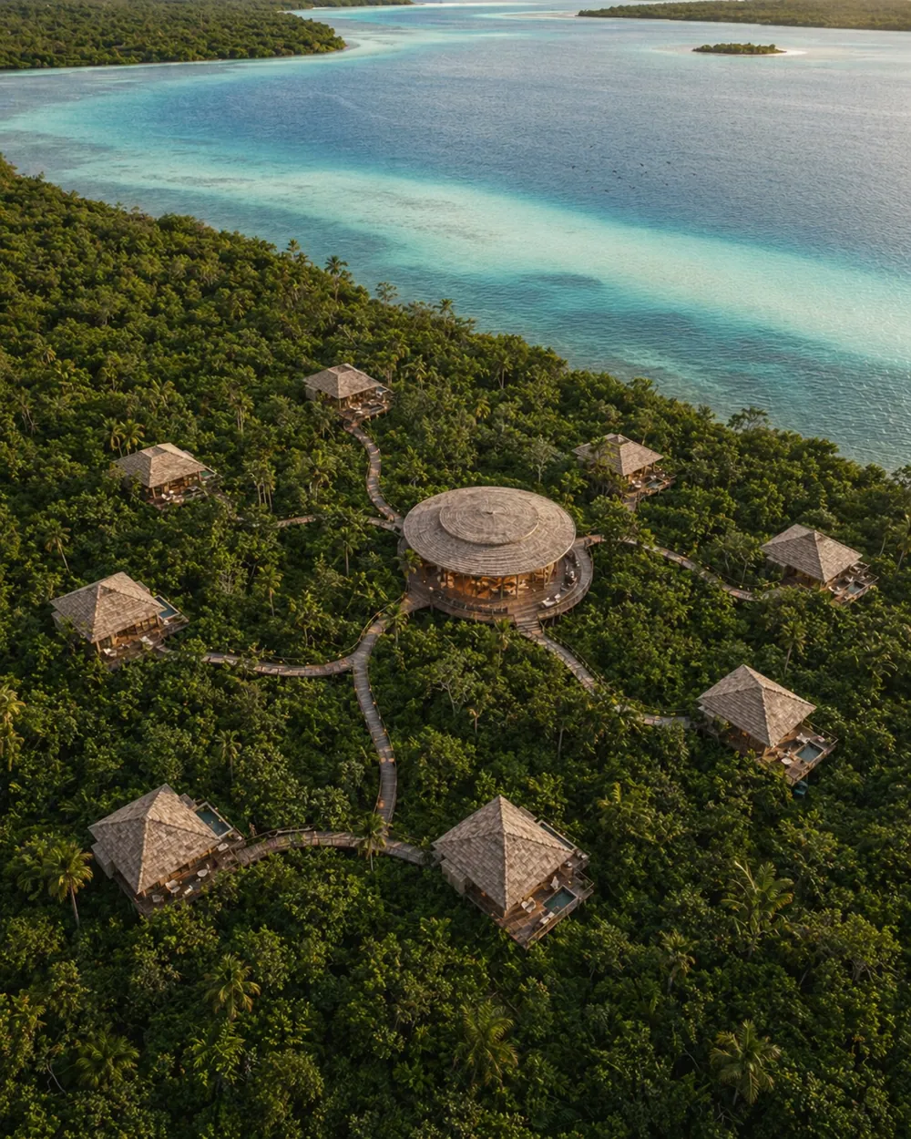 Melipona Bacalar Phase II — aerial concept render of small bungalows nestled in the jungle along the shores of Laguna Bacalar