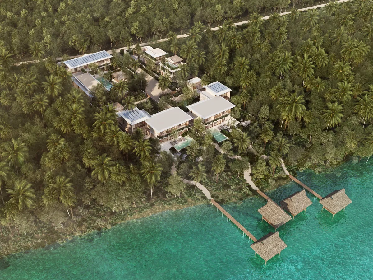 Melipona Bacalar concept render — lagoon-front villas and overwater palapas